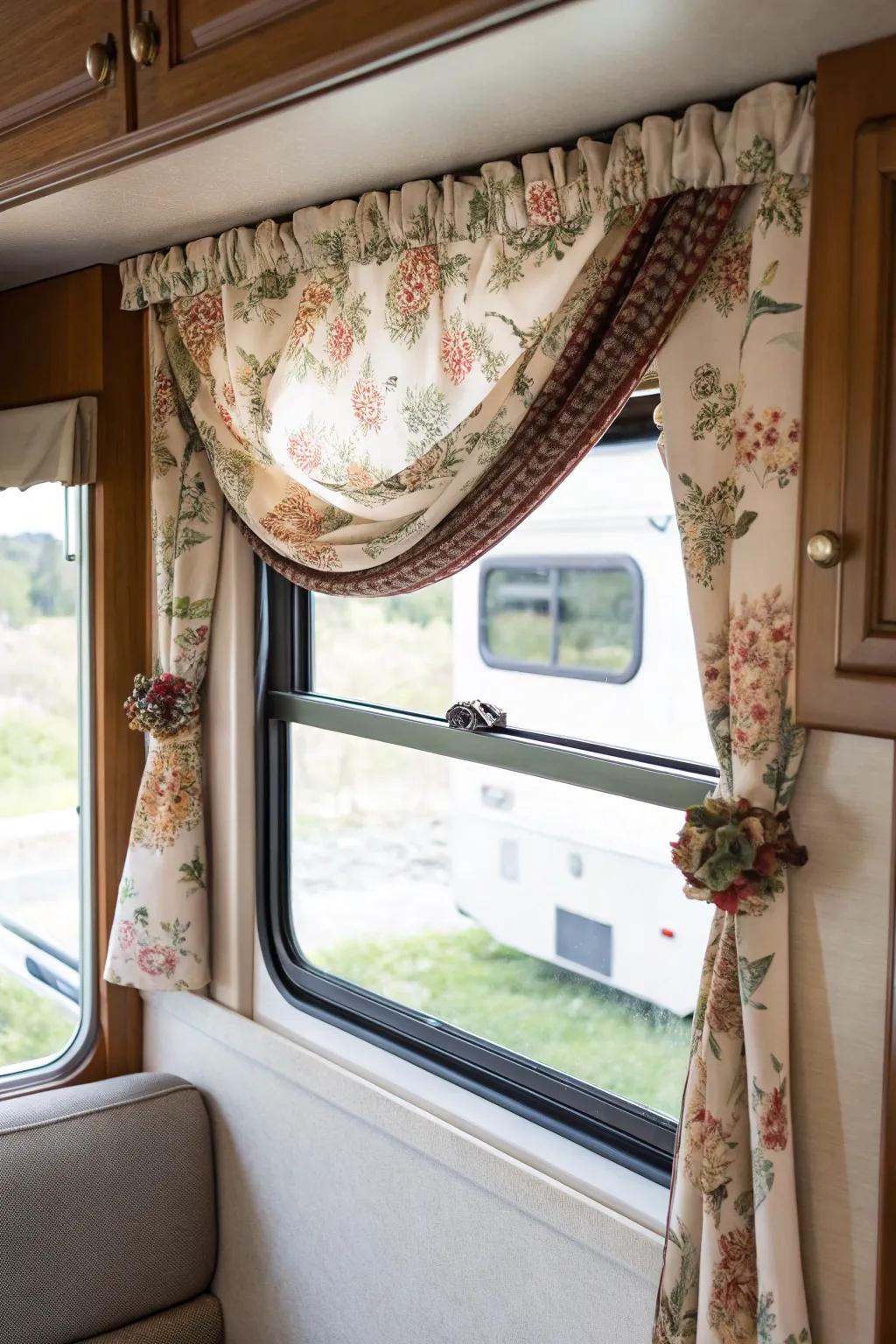 Window toppers add a decorative border to RV windows, boosting style.