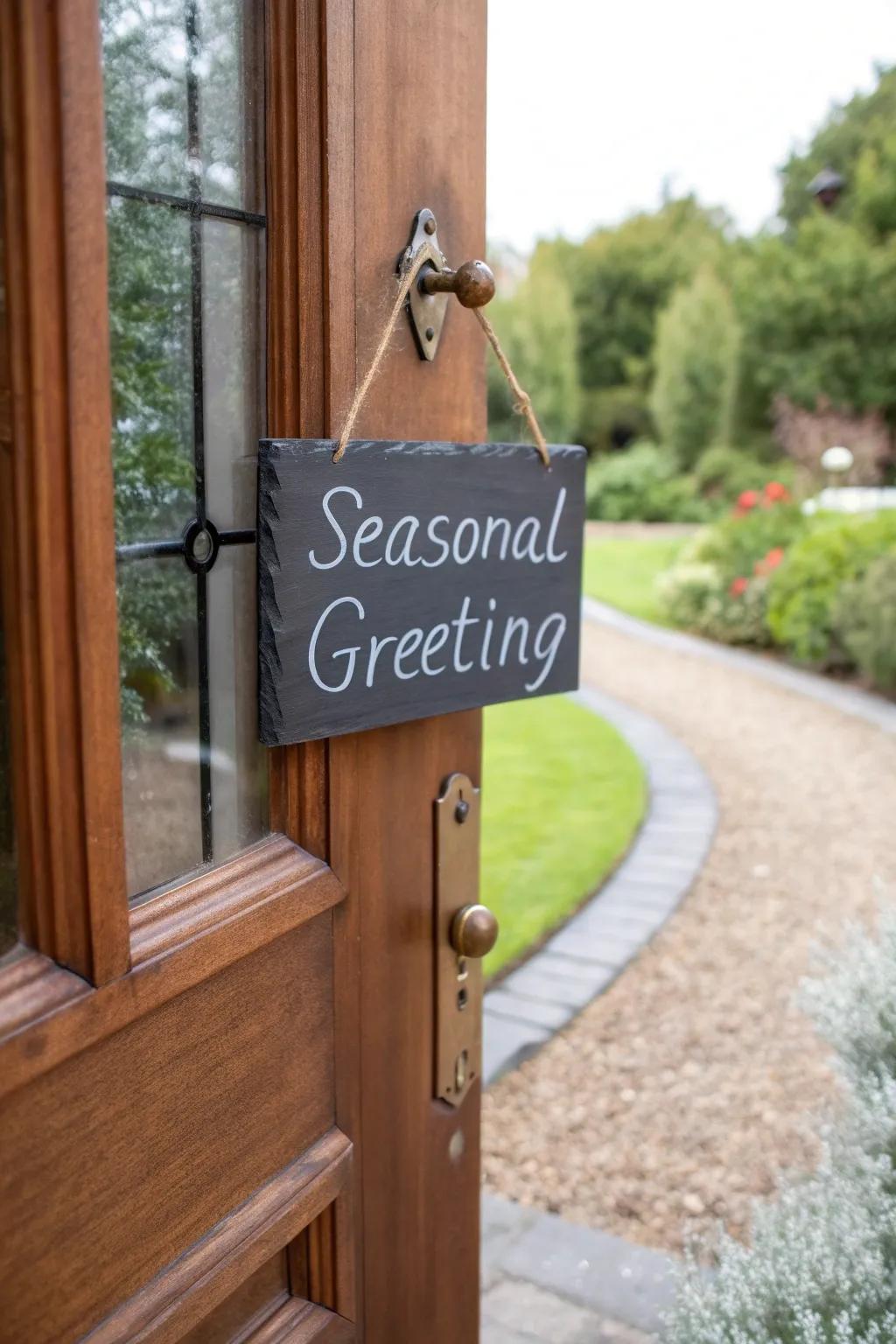 A front door with a small chalkboard hanger welcoming guests with a seasonal greeting.