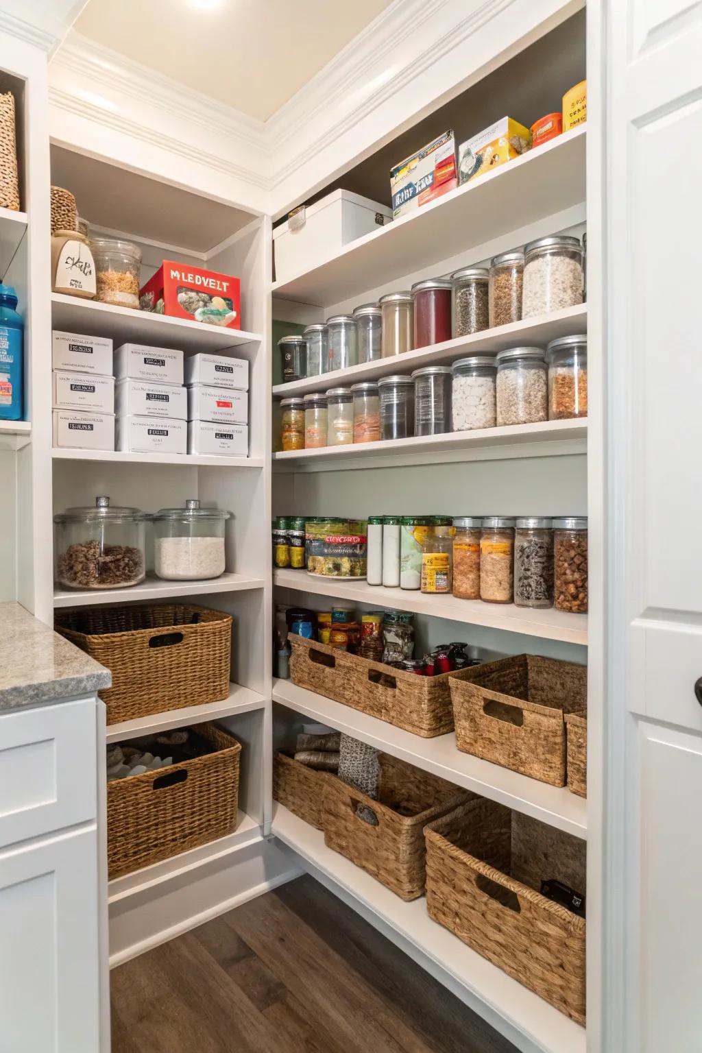 Pantry featuring adaptable shelves for versatile storage.