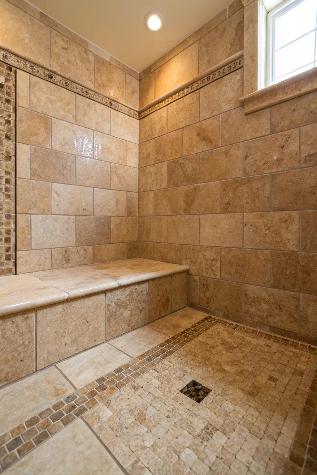 Textured limestone units in earthy shades create a serene, spa-like atmosphere on this shower pan.