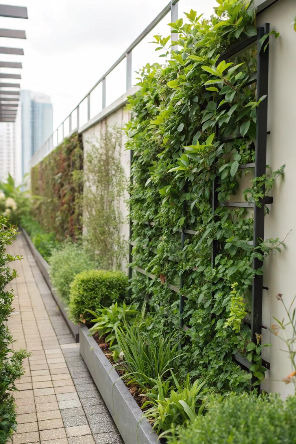 Climbing shrubs create an eye-catching vertical garden feature.