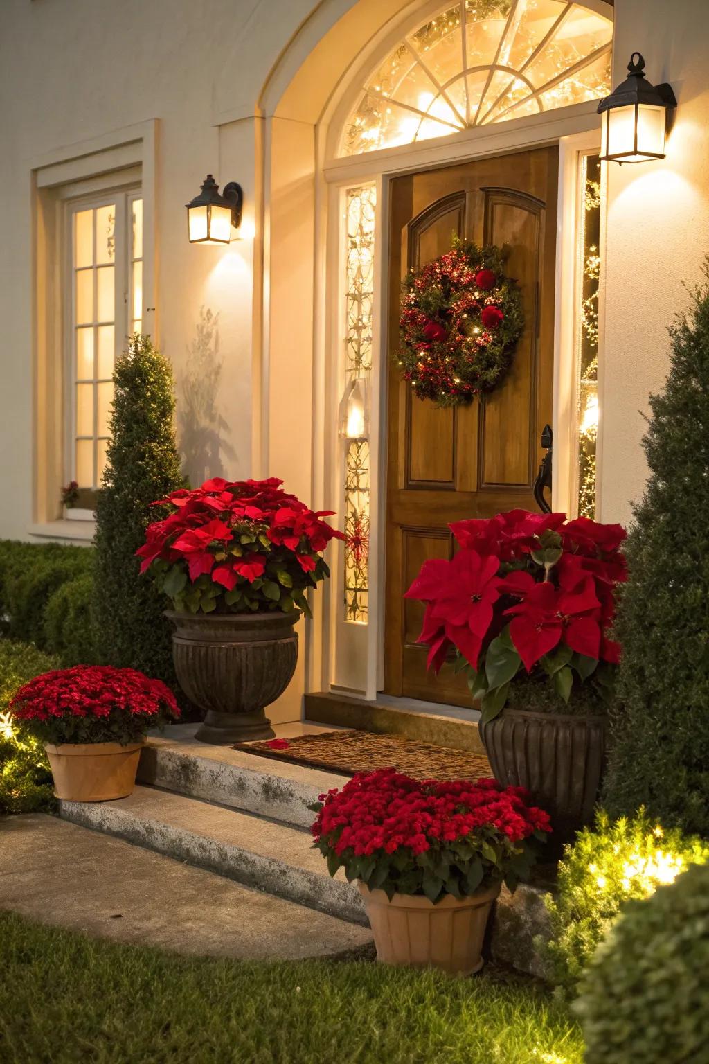 Poinsettias in planters transport vibrant holiday cheer.