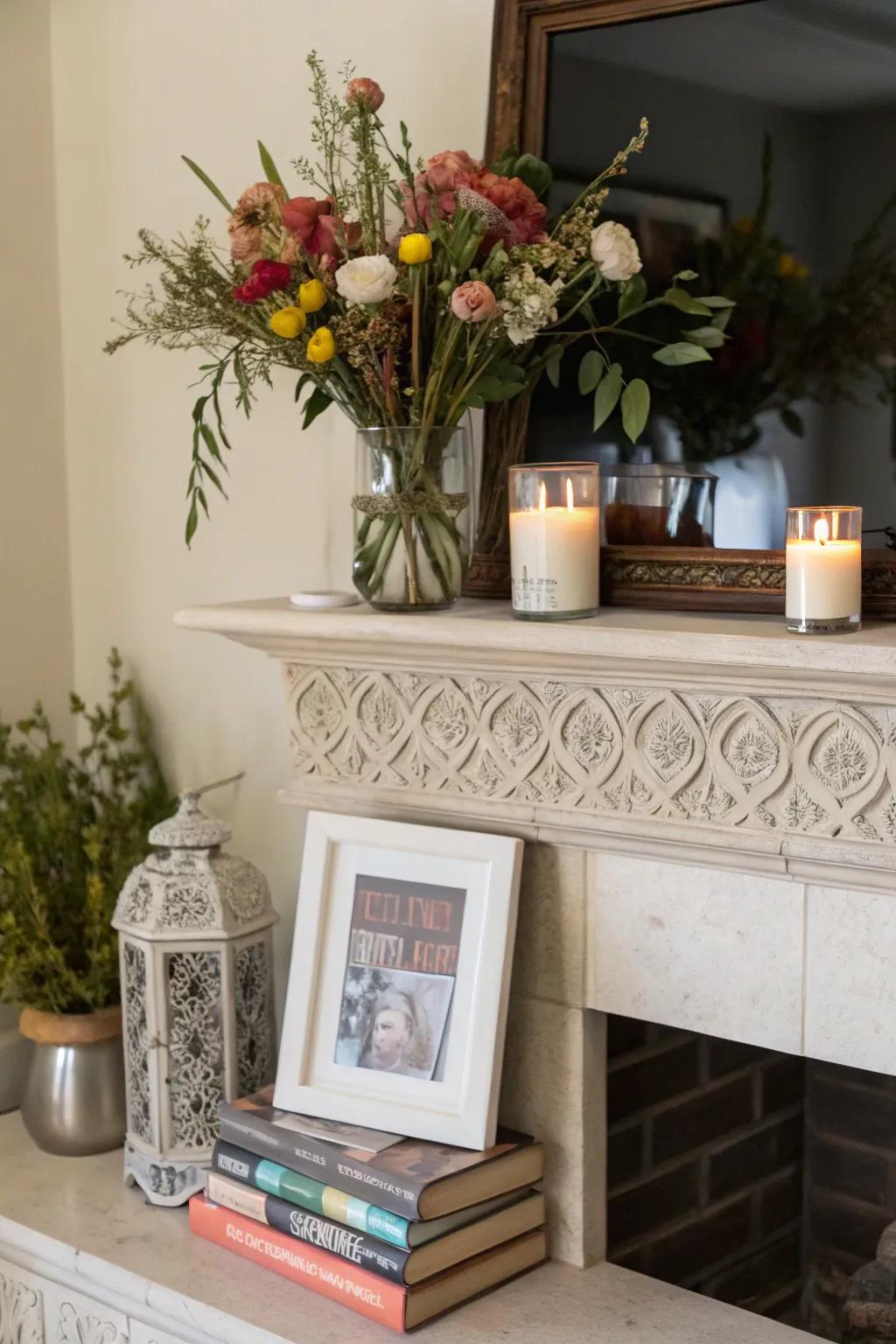 This mantel is made dynamic and modern by asymmetry.