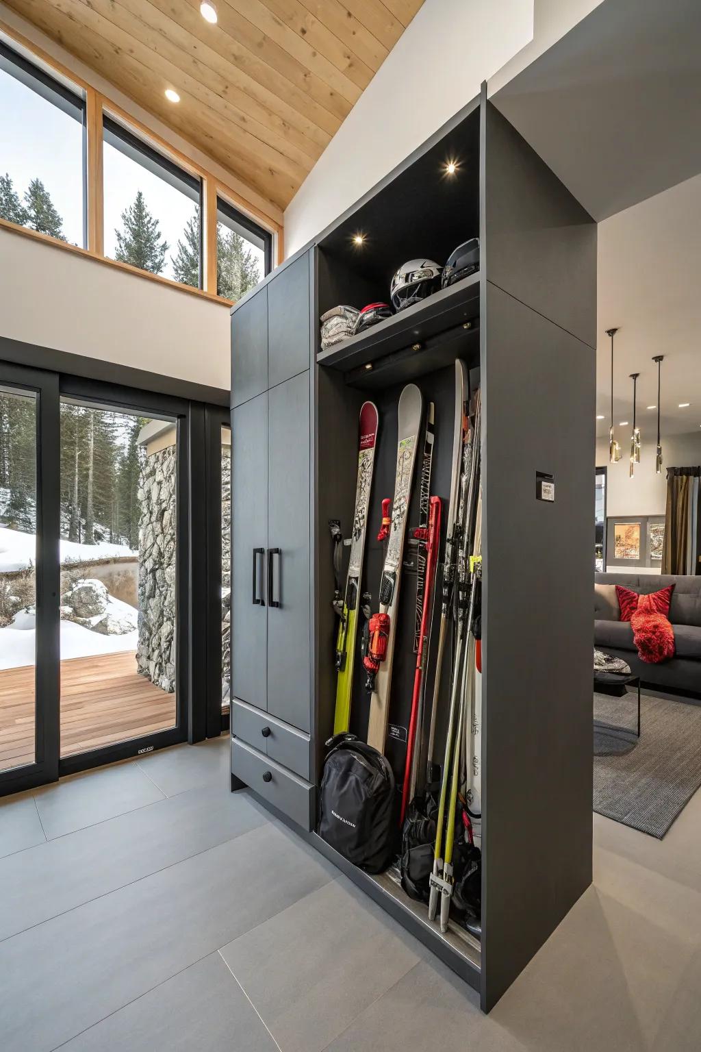 Custom built-ins are tailored for effective and efficient ski storage.