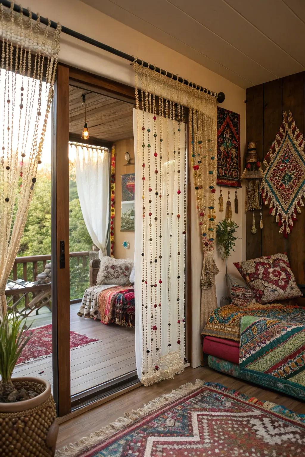 Gem strands infuse a bohemian vivacity and texture.