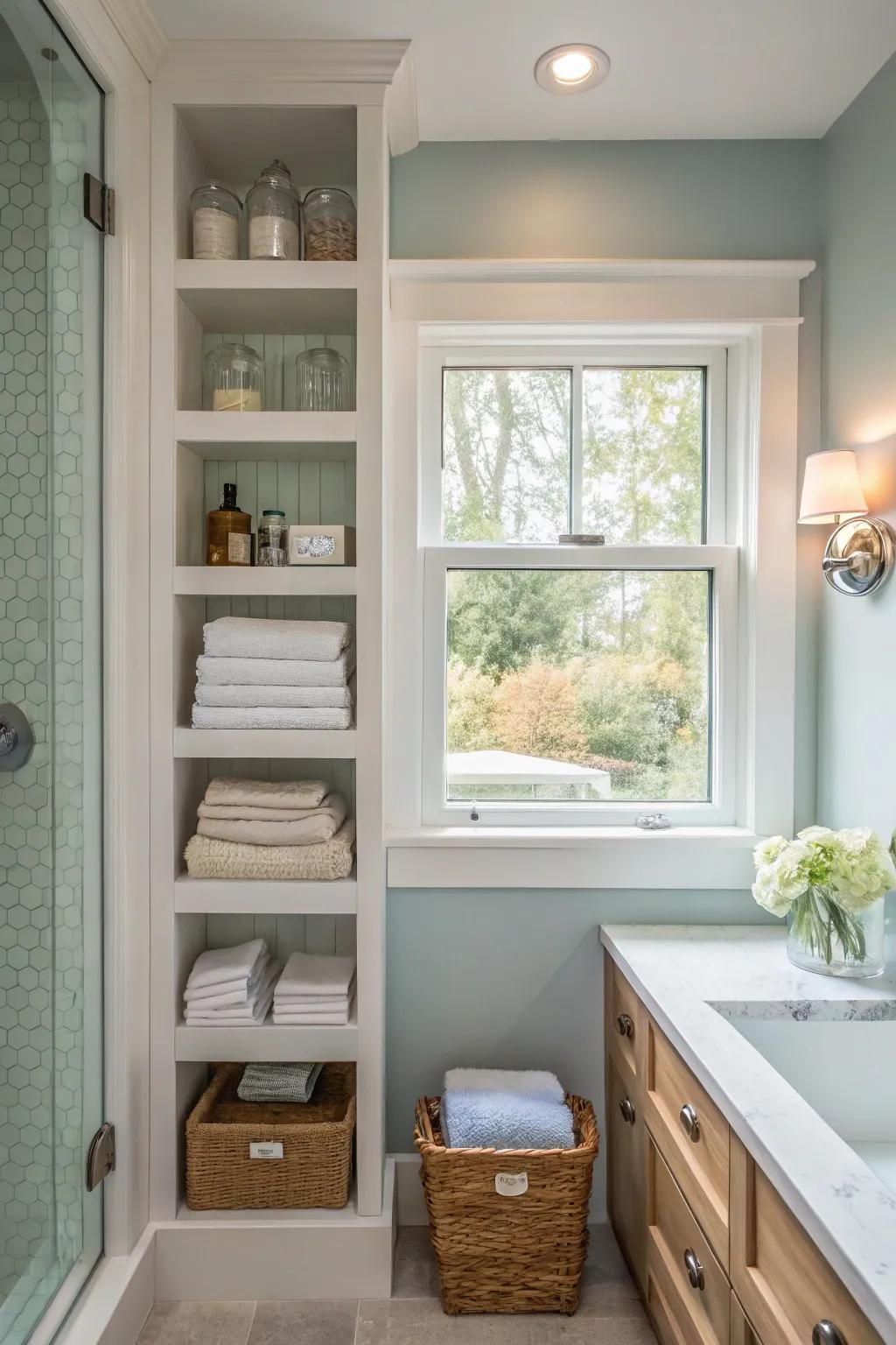 Integrated shelves and windows offer smart design.