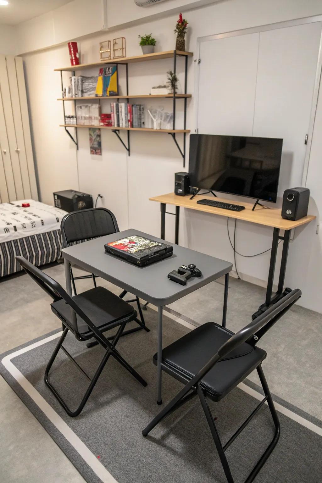 Folding furniture maximizes flexibility in a small gaming room.