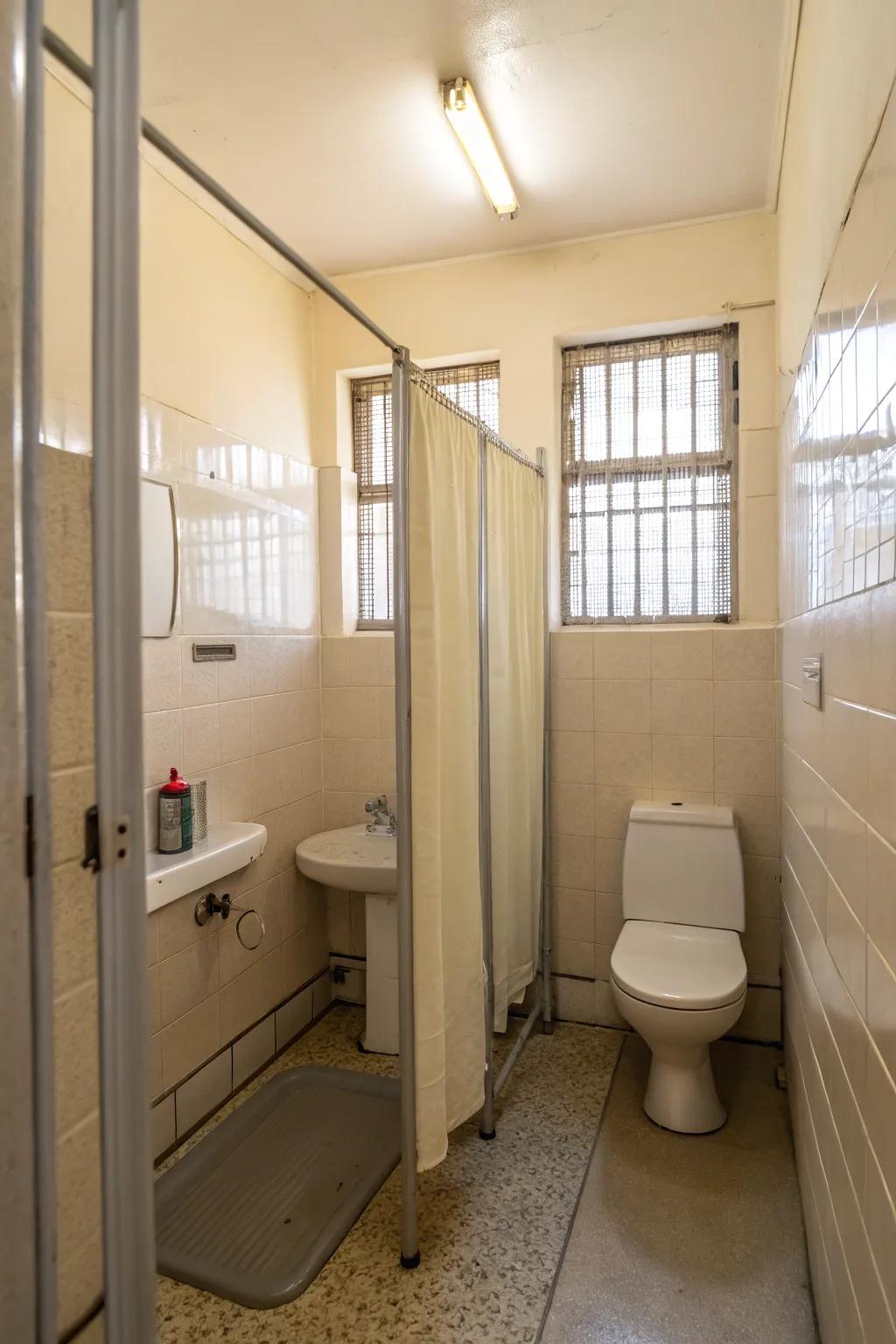 A seamless flow in a small bathroom with translucent dividers.