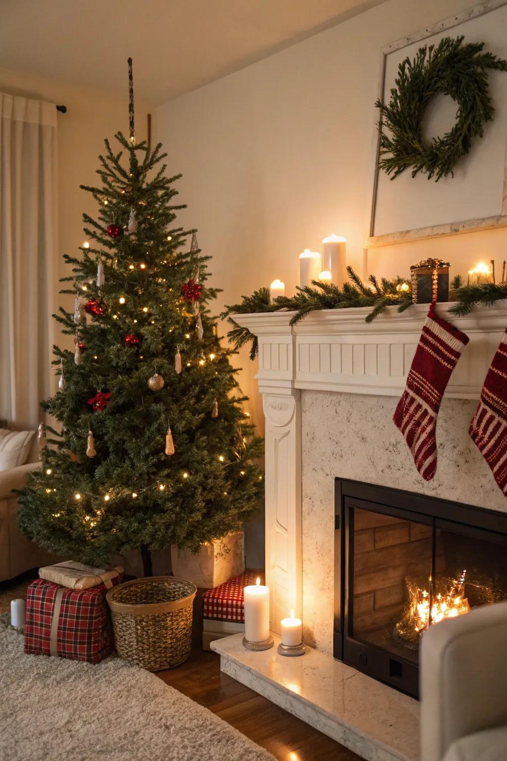 A mini tree on the fireplace adds a charming holiday touch to the decor.