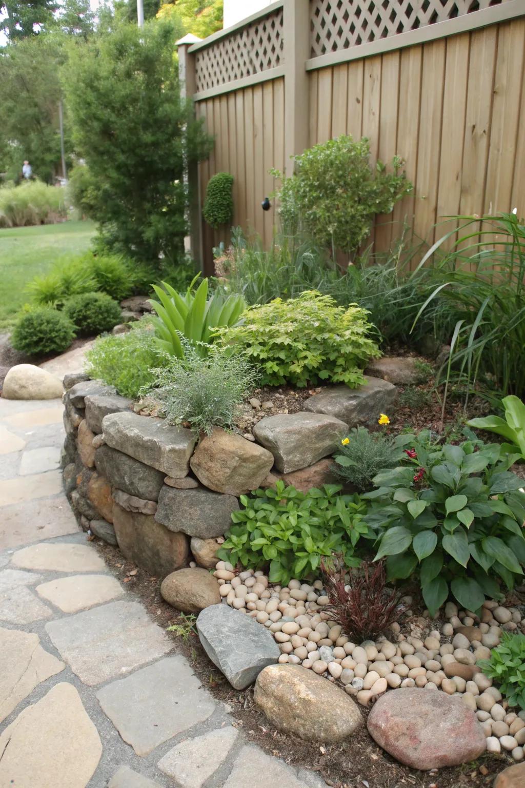 A mini stone partition enriches this corner garden.