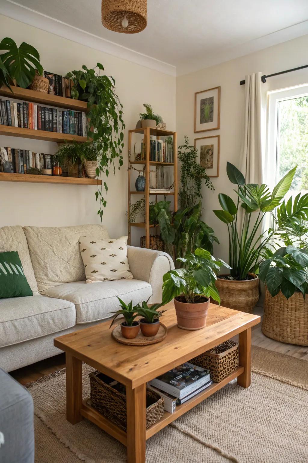 Indoor flora add life and freshness to this cozy lounging space.