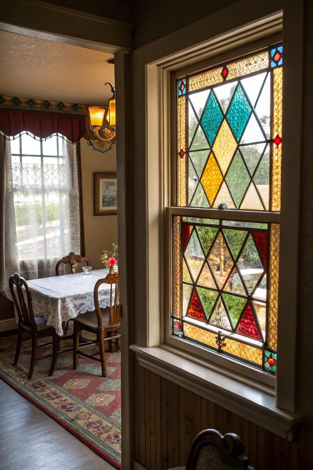 Hued glass windows provide artistic flair and colorful charm.