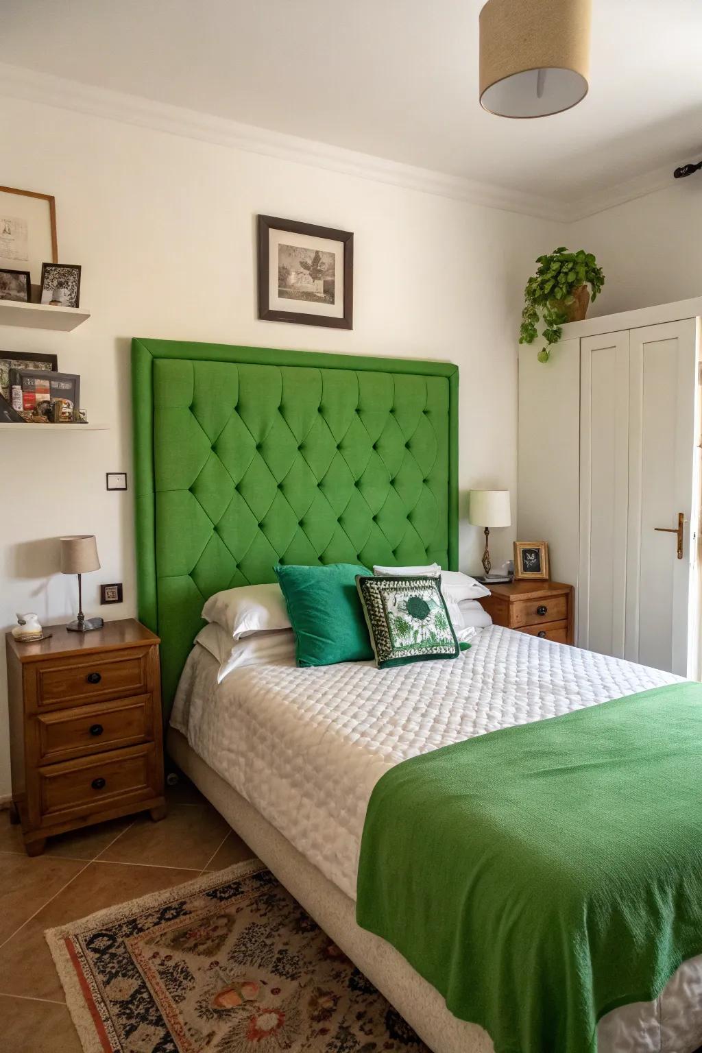 A green headboard provides a striking center point.