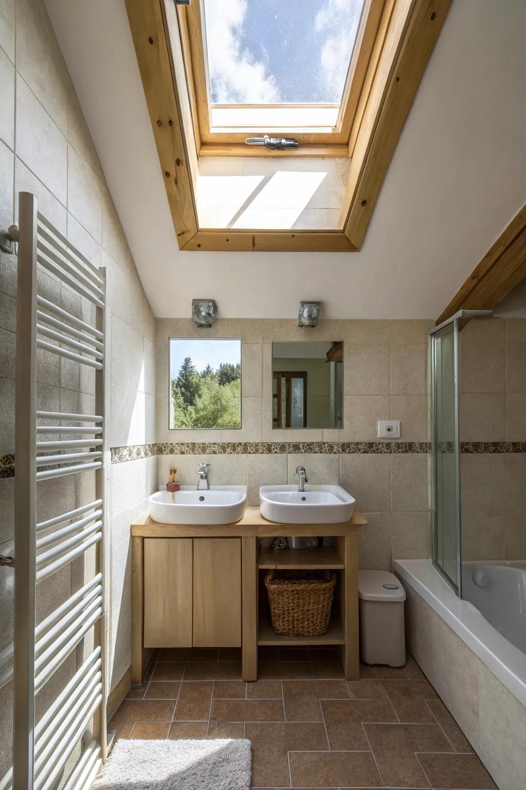 A skylight fills this small bathroom with natural light.