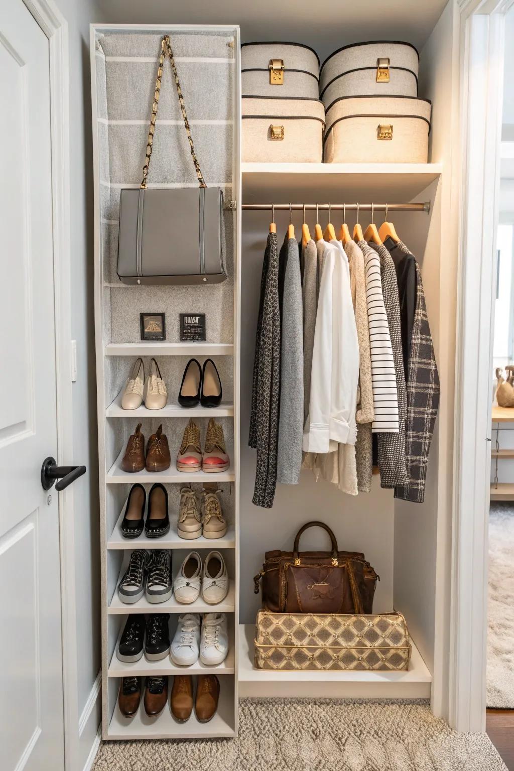 A hanging organizer in a closet, optimizing space for shoes and accessories.
