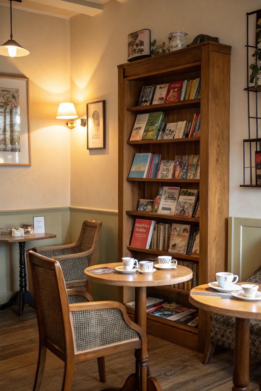 A library corner enriches the intellectual ambiance of your tea space.