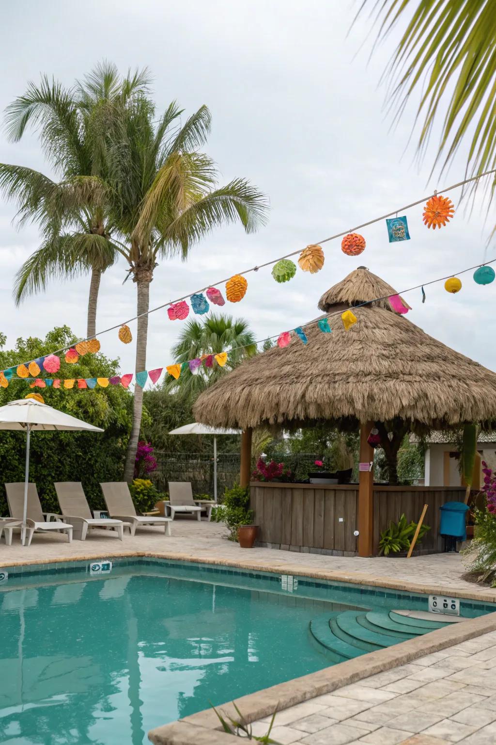 A tiki hut or cabana adds a festive and shaded escape in your tropical oasis.