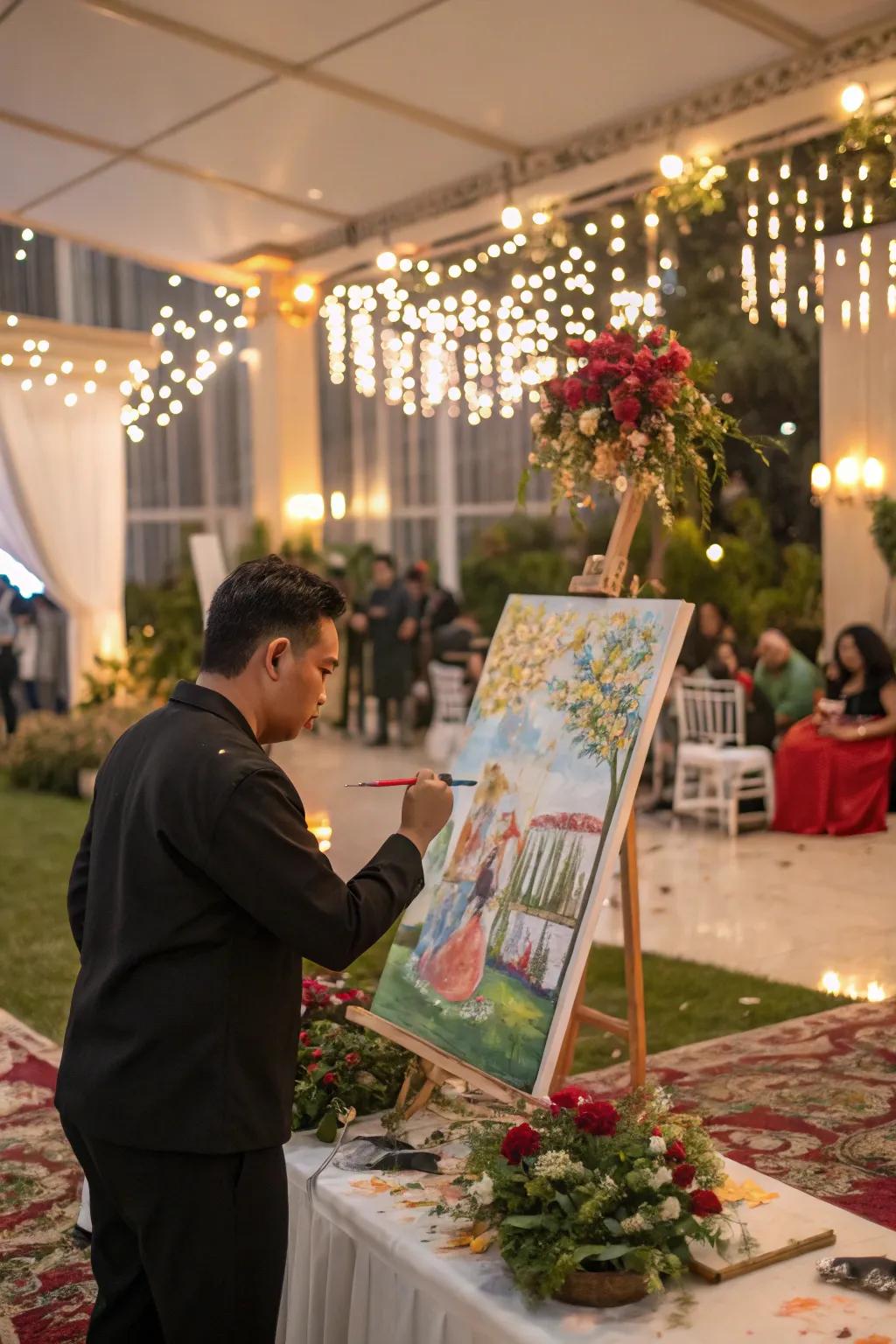 A live art performance capturing the essence of the wedding celebration.