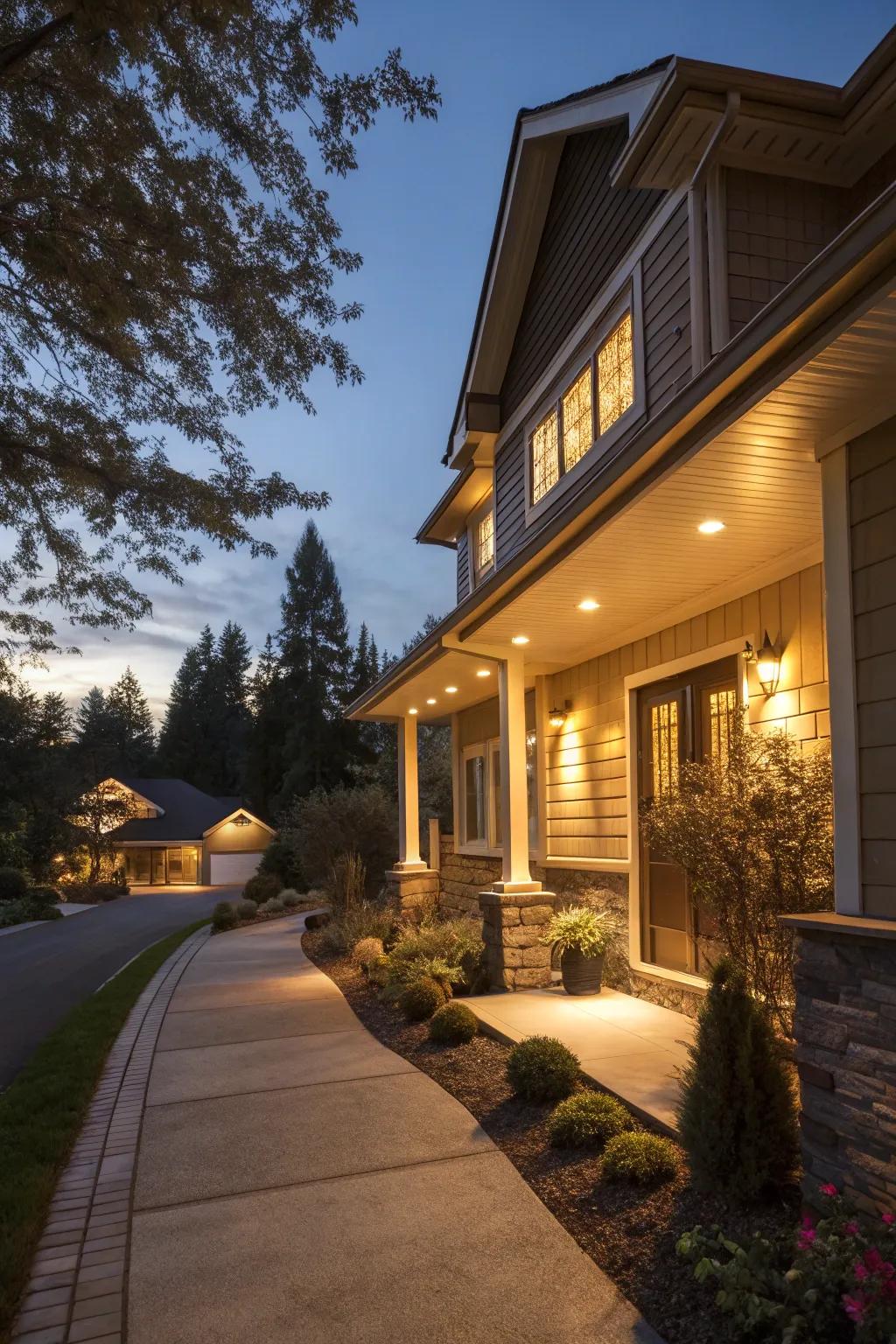 Dual task soffit lighting offers both security and decorative benefits.