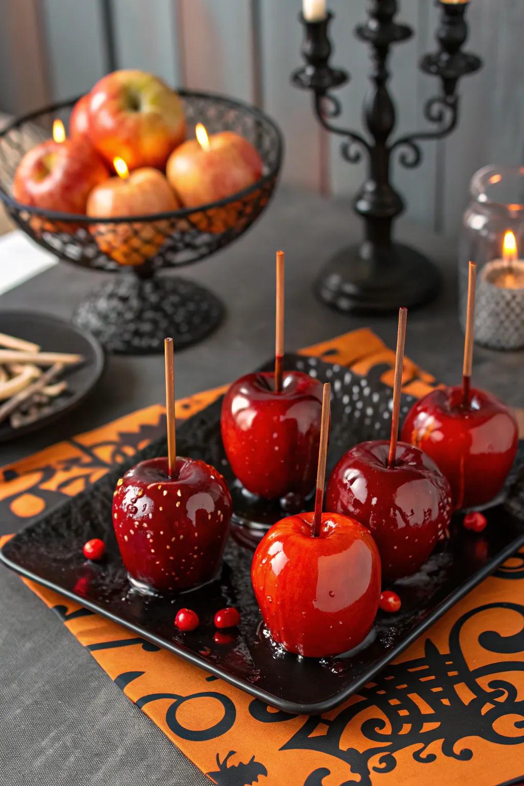 Sanguine crimson apples poised to thrill your Halloween invitees.