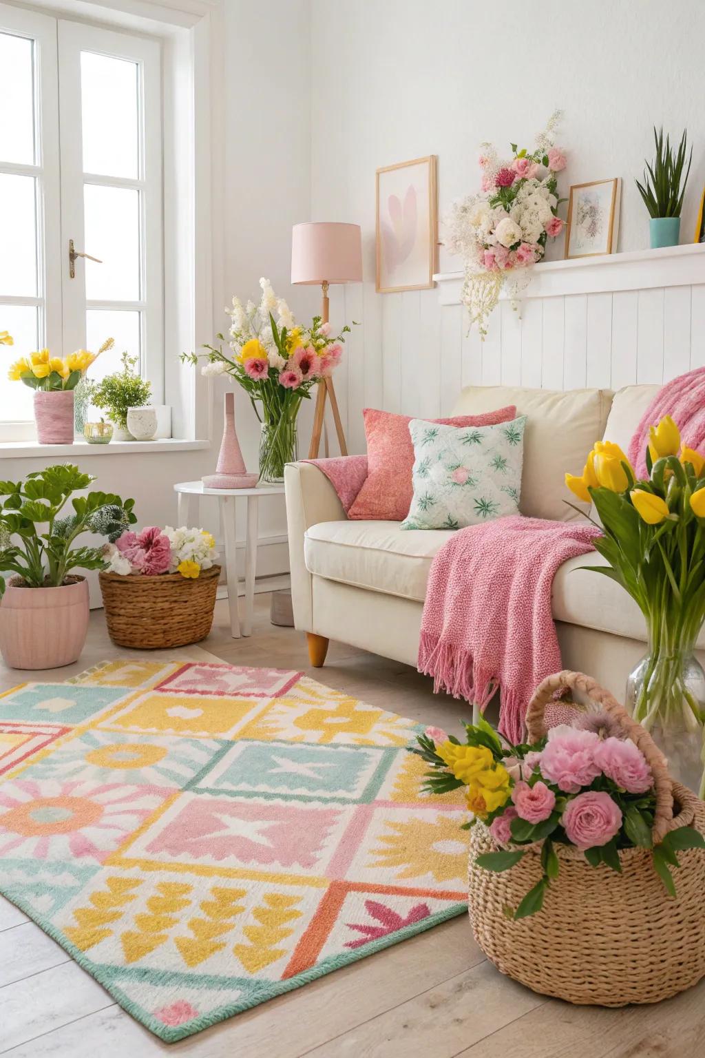 A colorful rug can beautifully anchor your spring decor.
