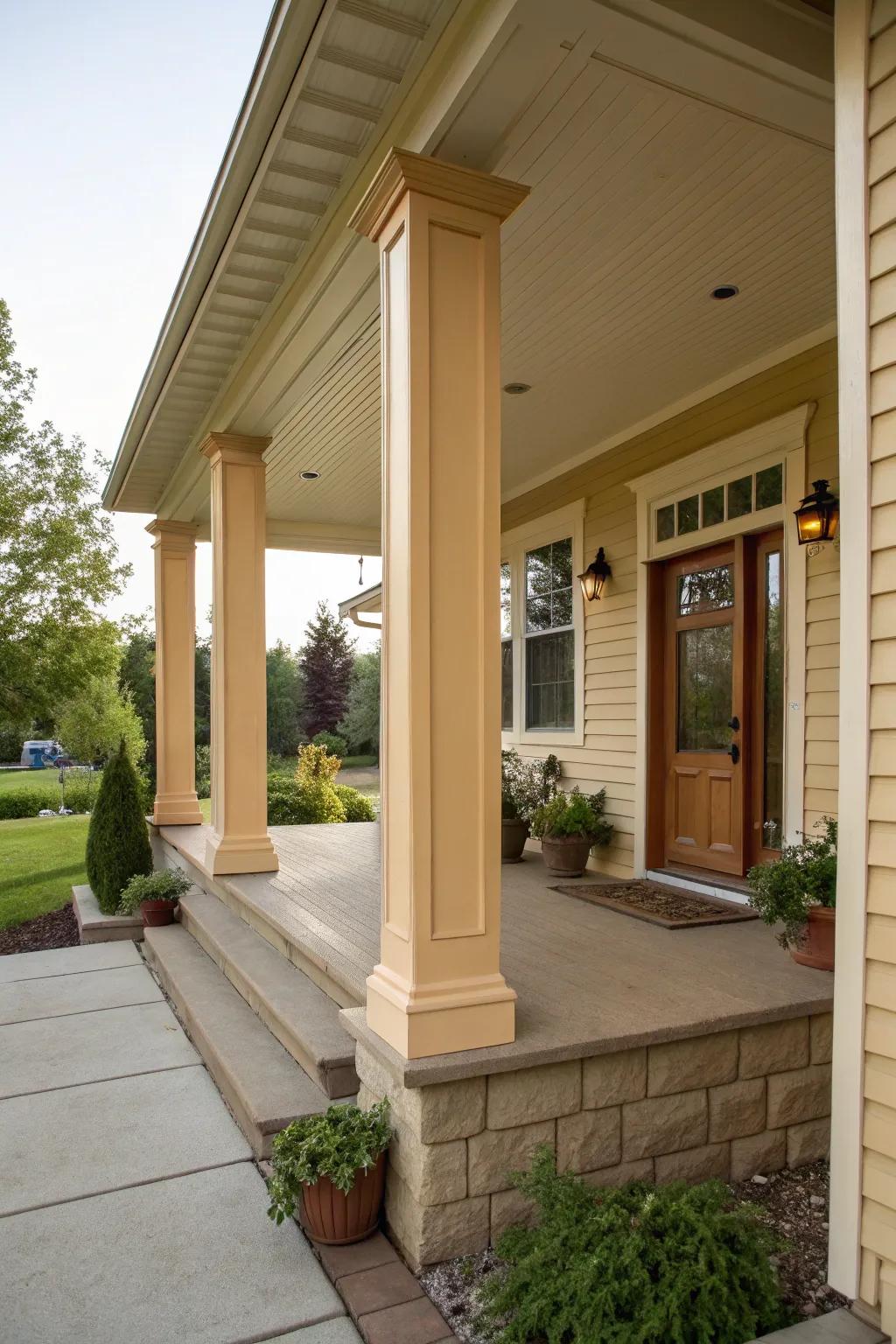 Matching colors create a seamless blend between rectangular pillars and the house.