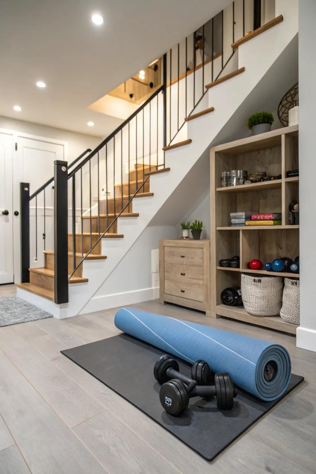 Remain active through a mini home gym beneath your staircase.