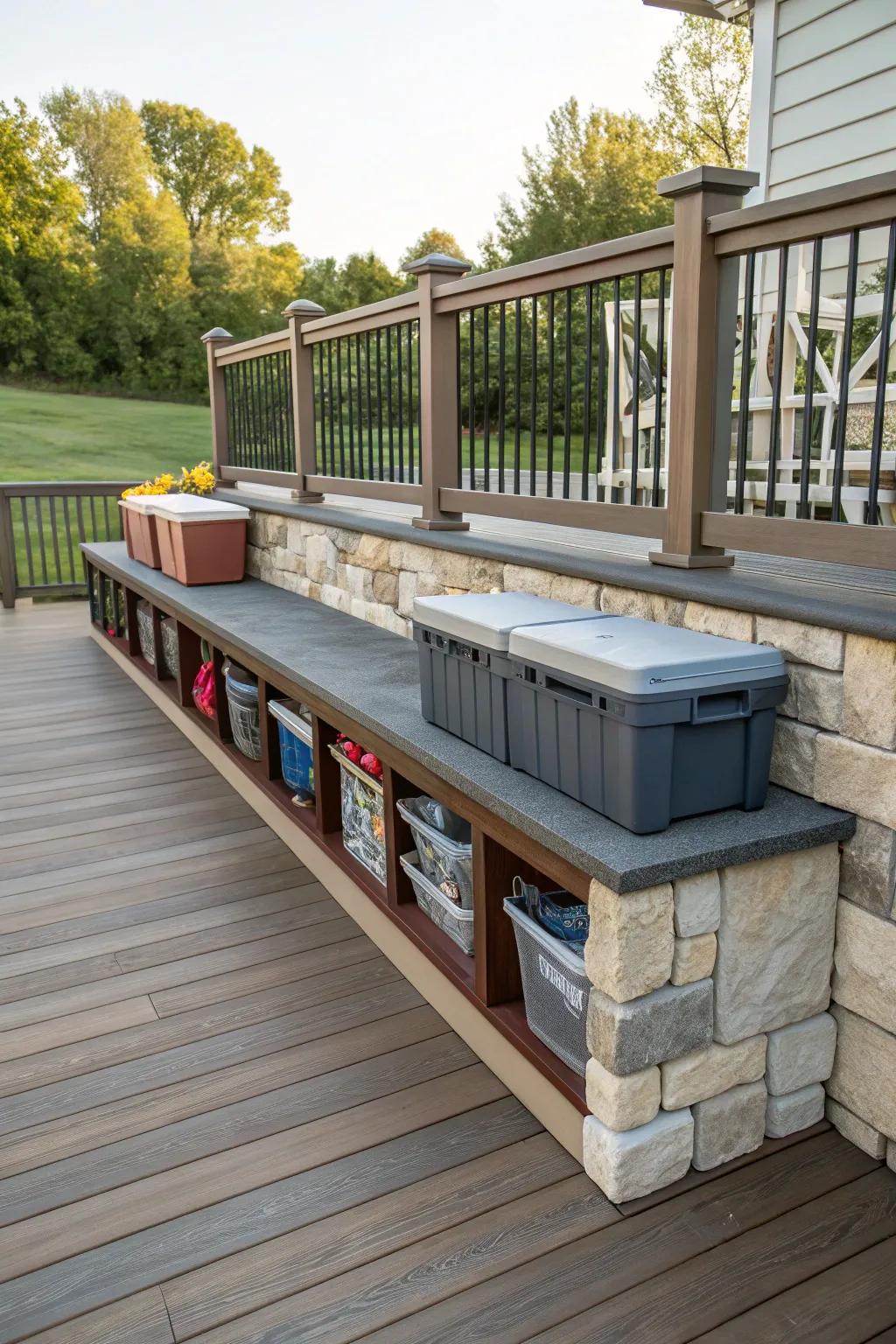 An organized deck featuring rock skirting cleverly concealing practical storage solutions.