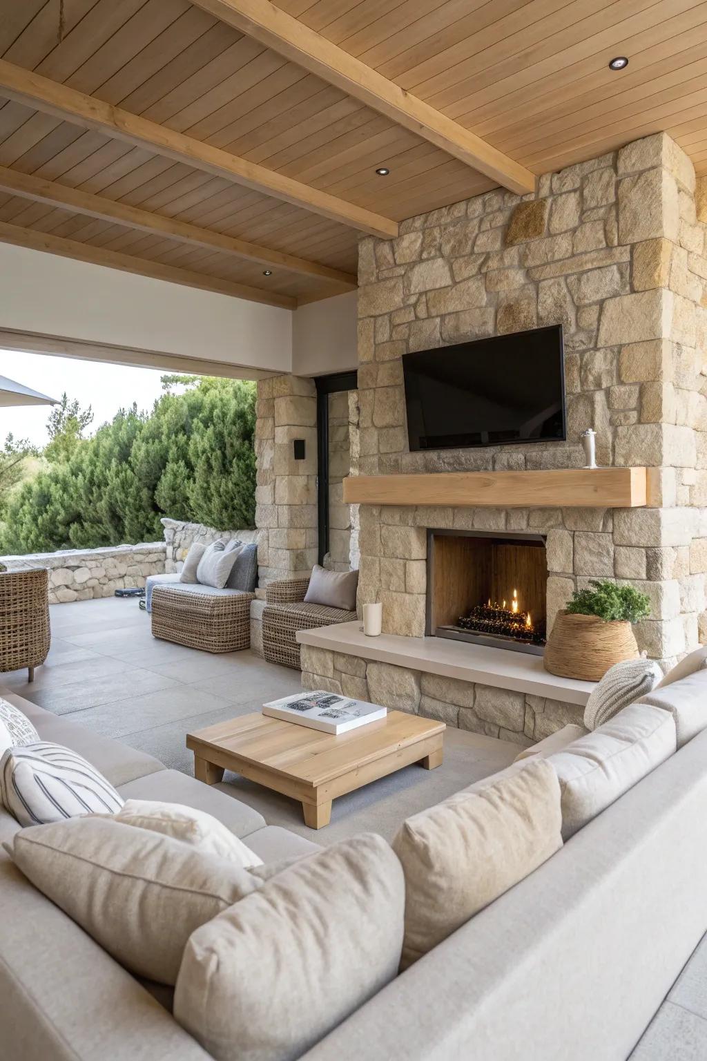 Design an inviting haven using cozy seating that complements your masonry hearth.