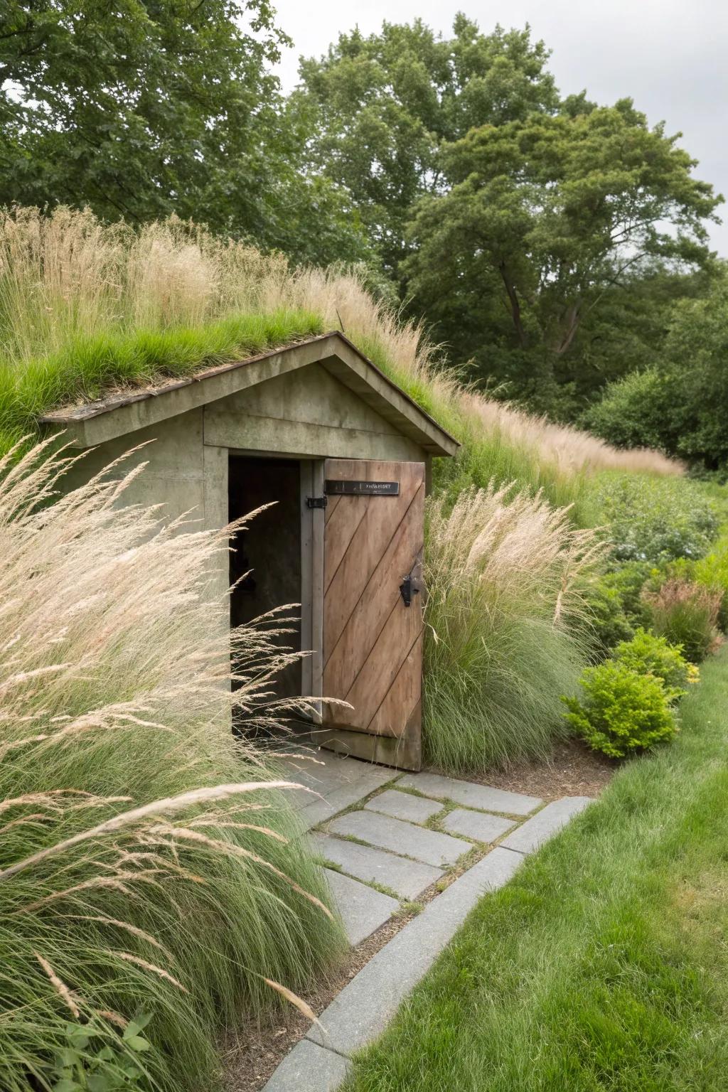 Regional grasses lend motion and eco-conscious appeal surrounding the shelter.