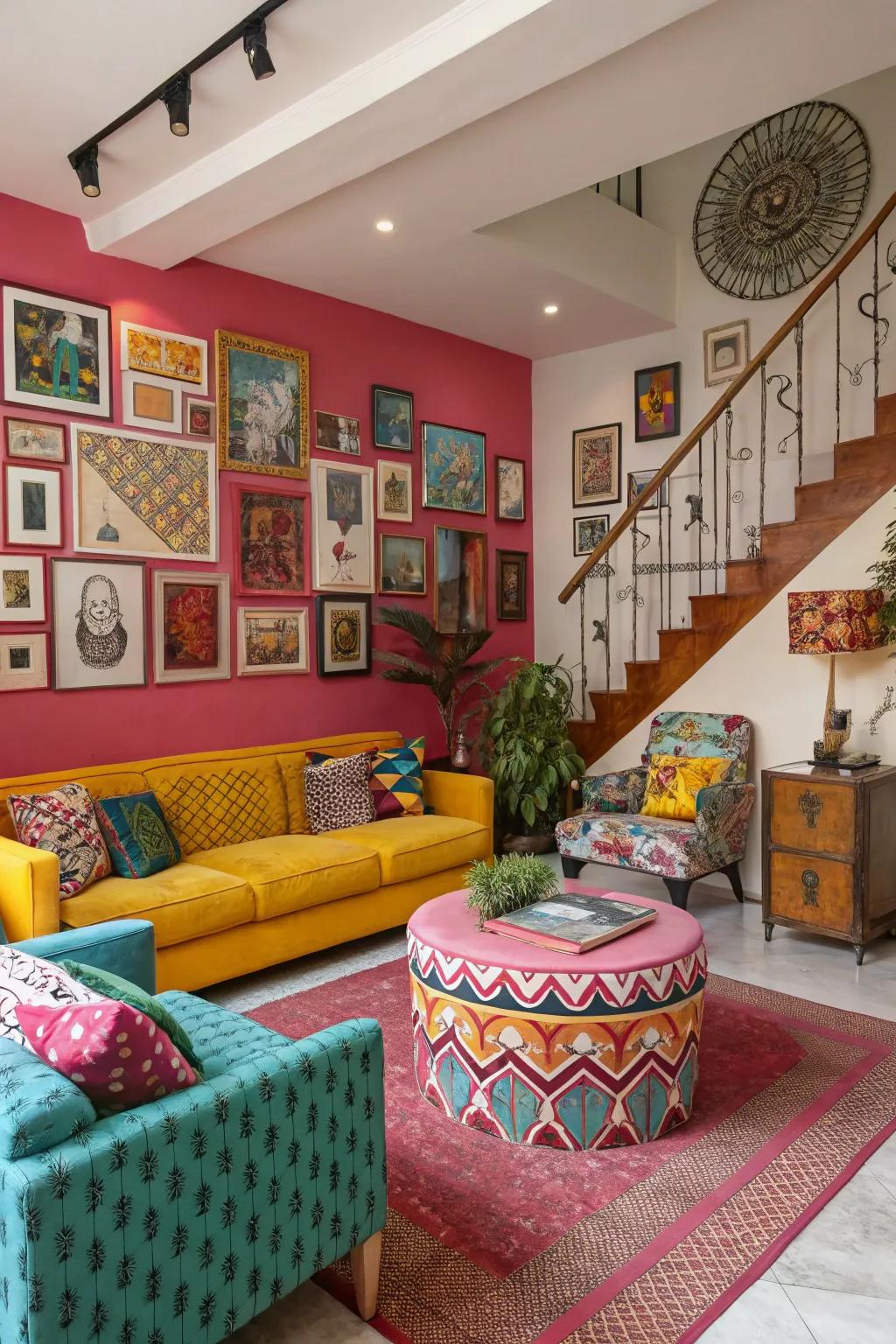 A sunken living room with bold and vibrant colors.