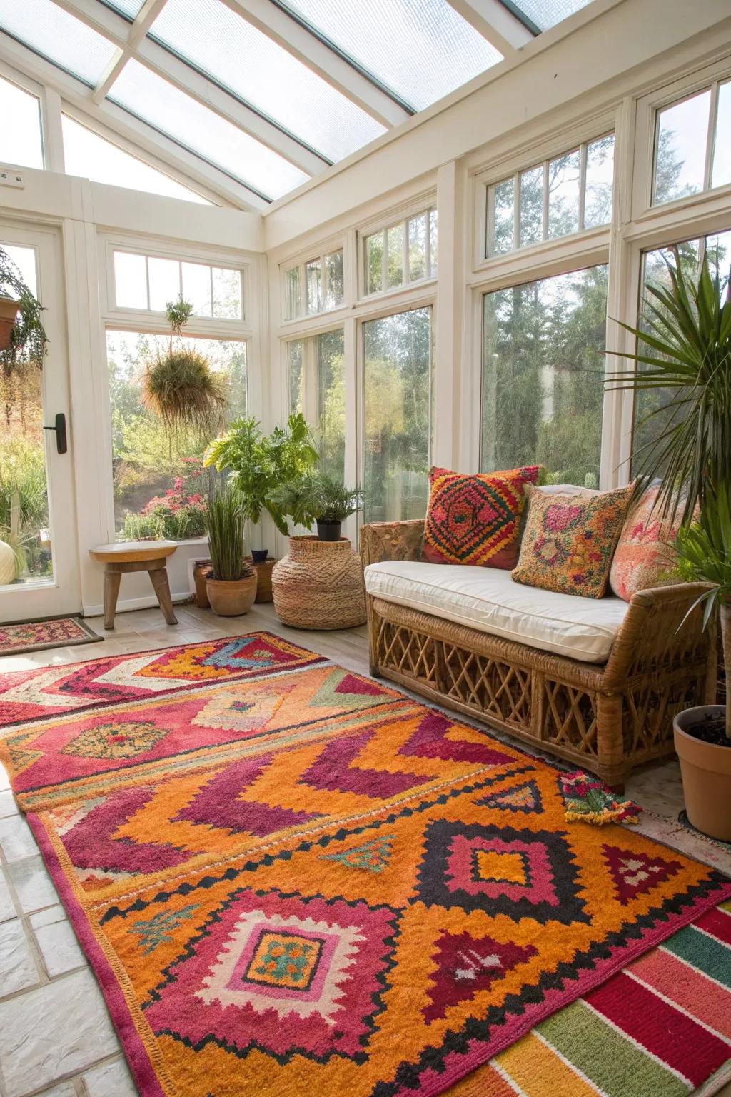 Colorful floor coverings bring vibrancy to this sunroom.