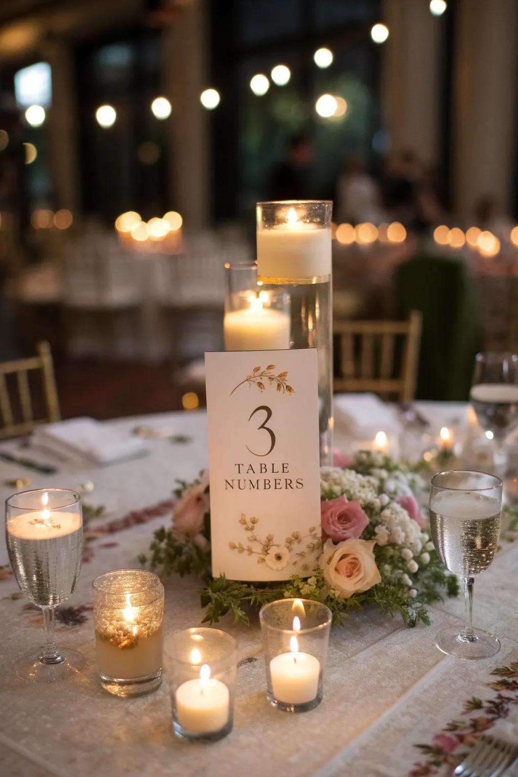 Soaring wax lights with numerals establish a magical evening ambiance.