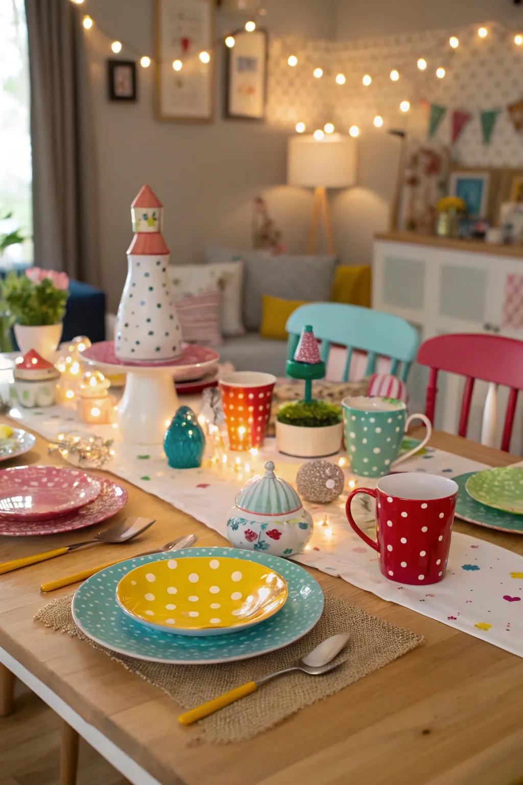 A fanciful table arrangement showcasing mismatched china and quirky components.