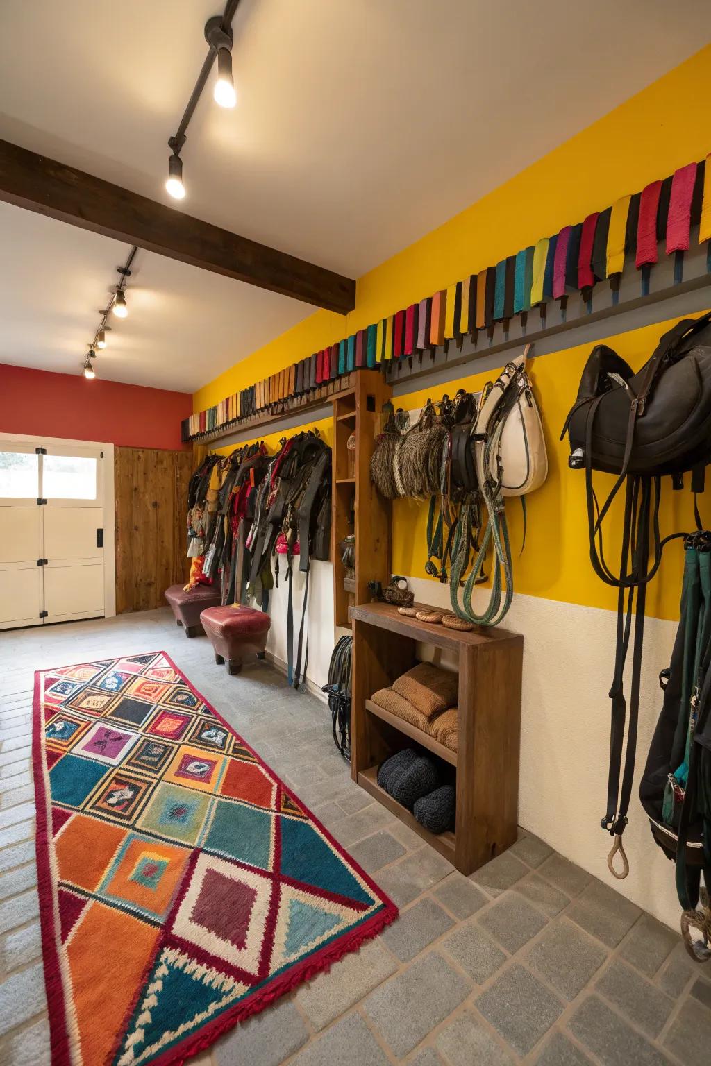 Unexpected color pops in a tack room for a vibrant atmosphere.