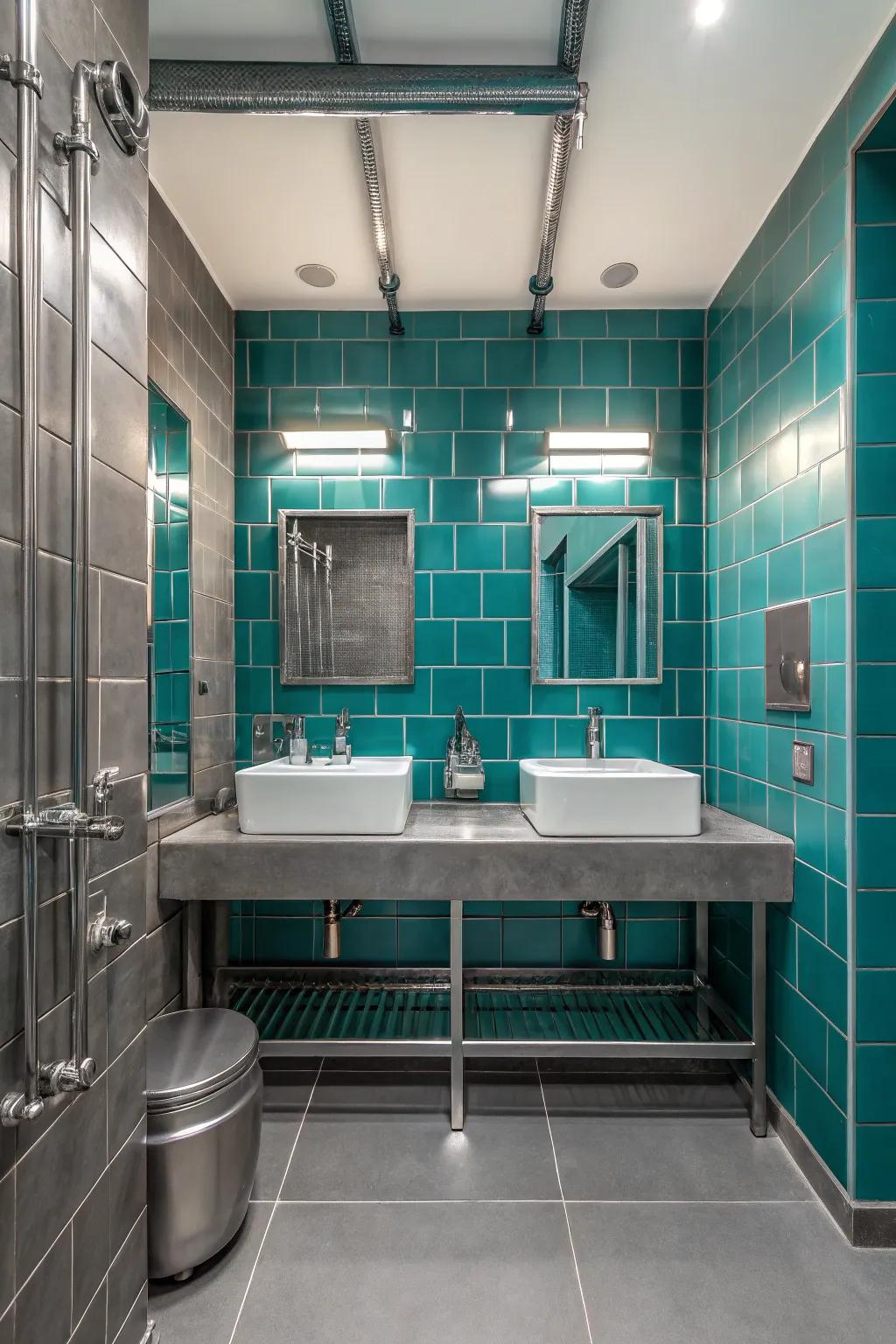 Metallic touches and turquoise ceramics for a modern industrial appearance.