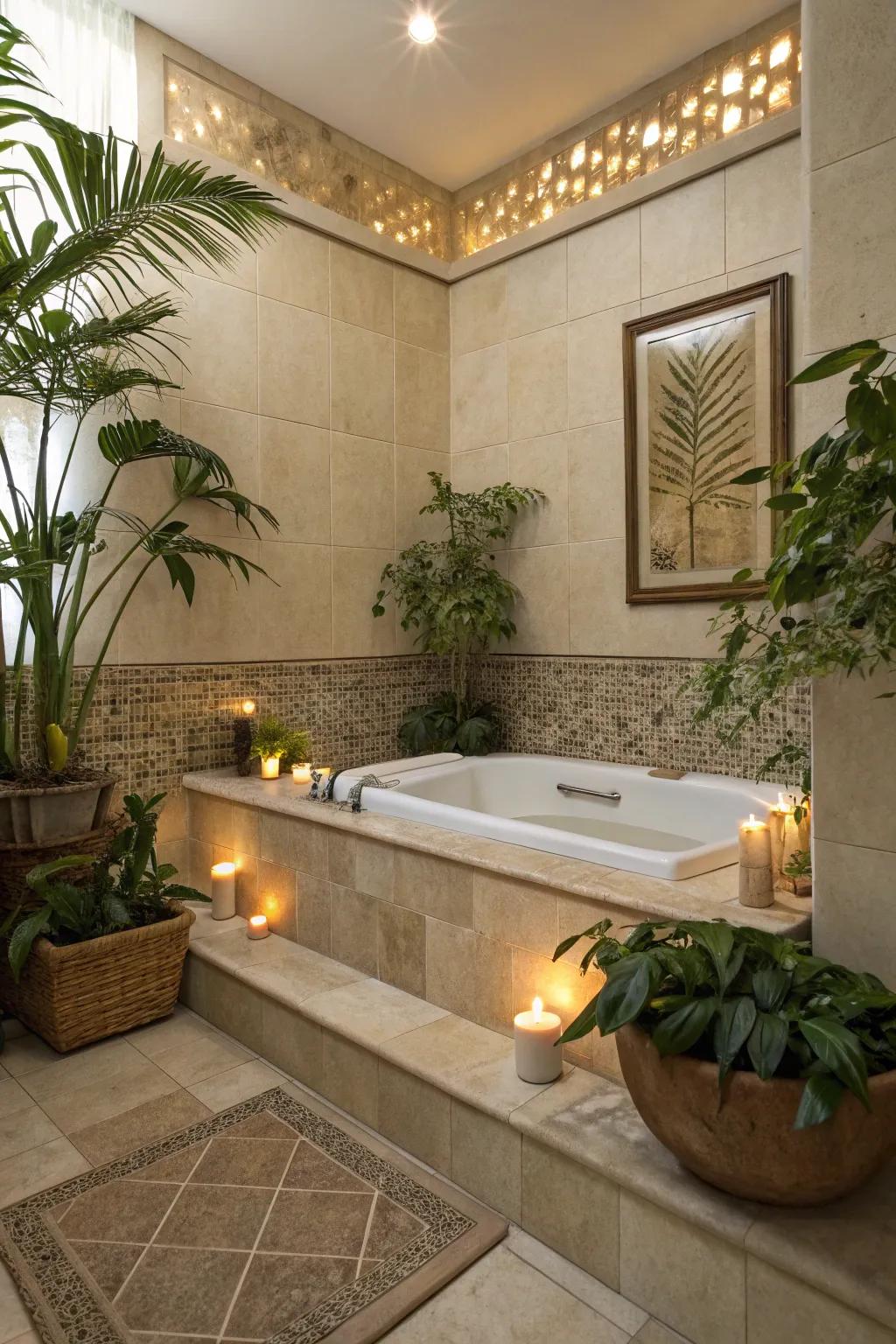 Neutral panels and natural elements craft a spa-like retreat in your bathroom.