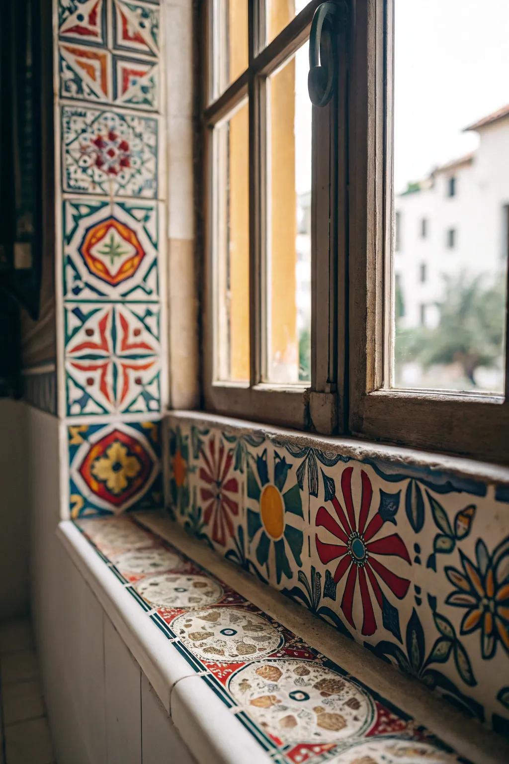 Bold patterned tiles turn this window sill into a striking focal point.