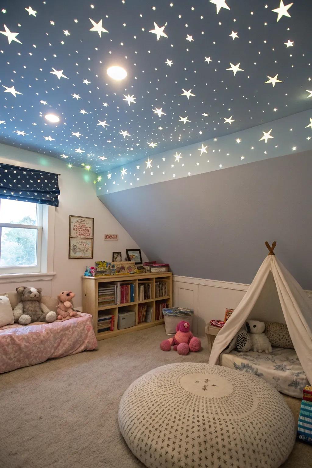 Ceiling ornamentation imparts a hint of journey to the chamber.