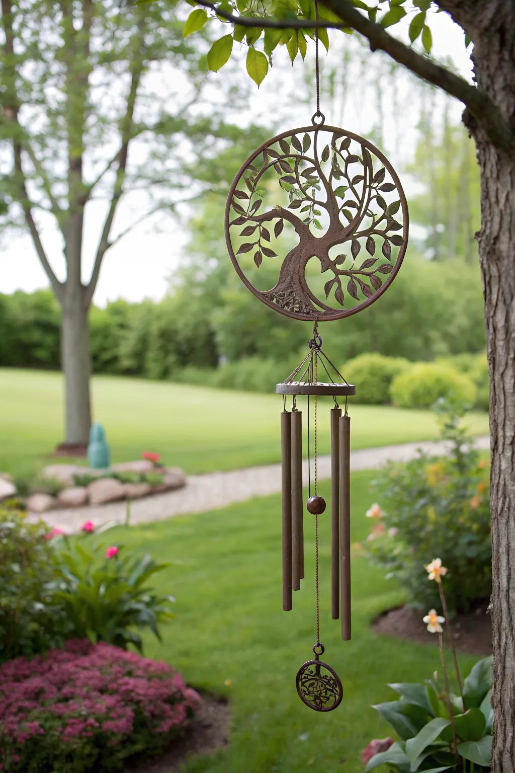In a tranquil garden, a Arbor Vitae wind song creates peace.
