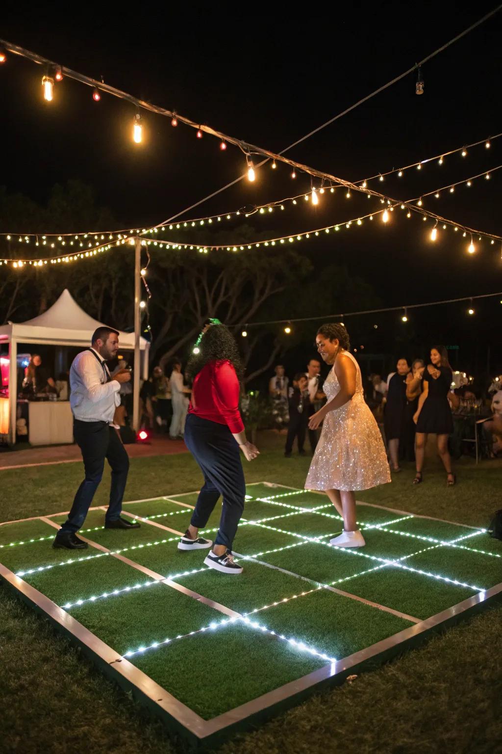 A whimsical dancing stage on turf for festivities.