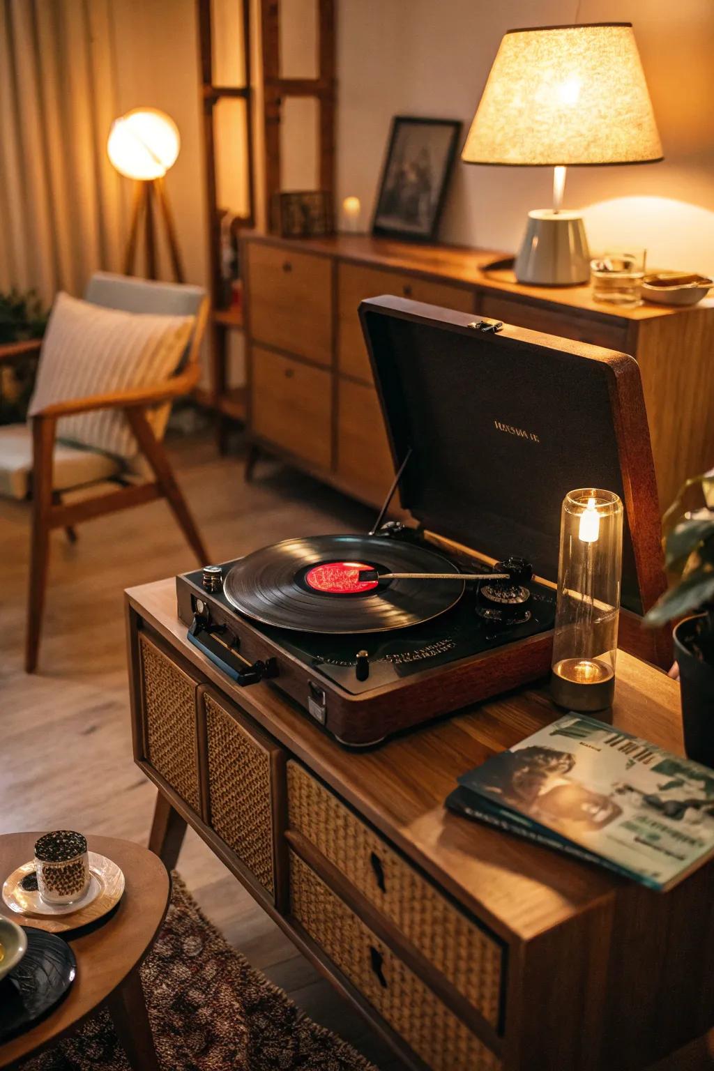 Vintage-inspired lighting contributing charm to a record player space.