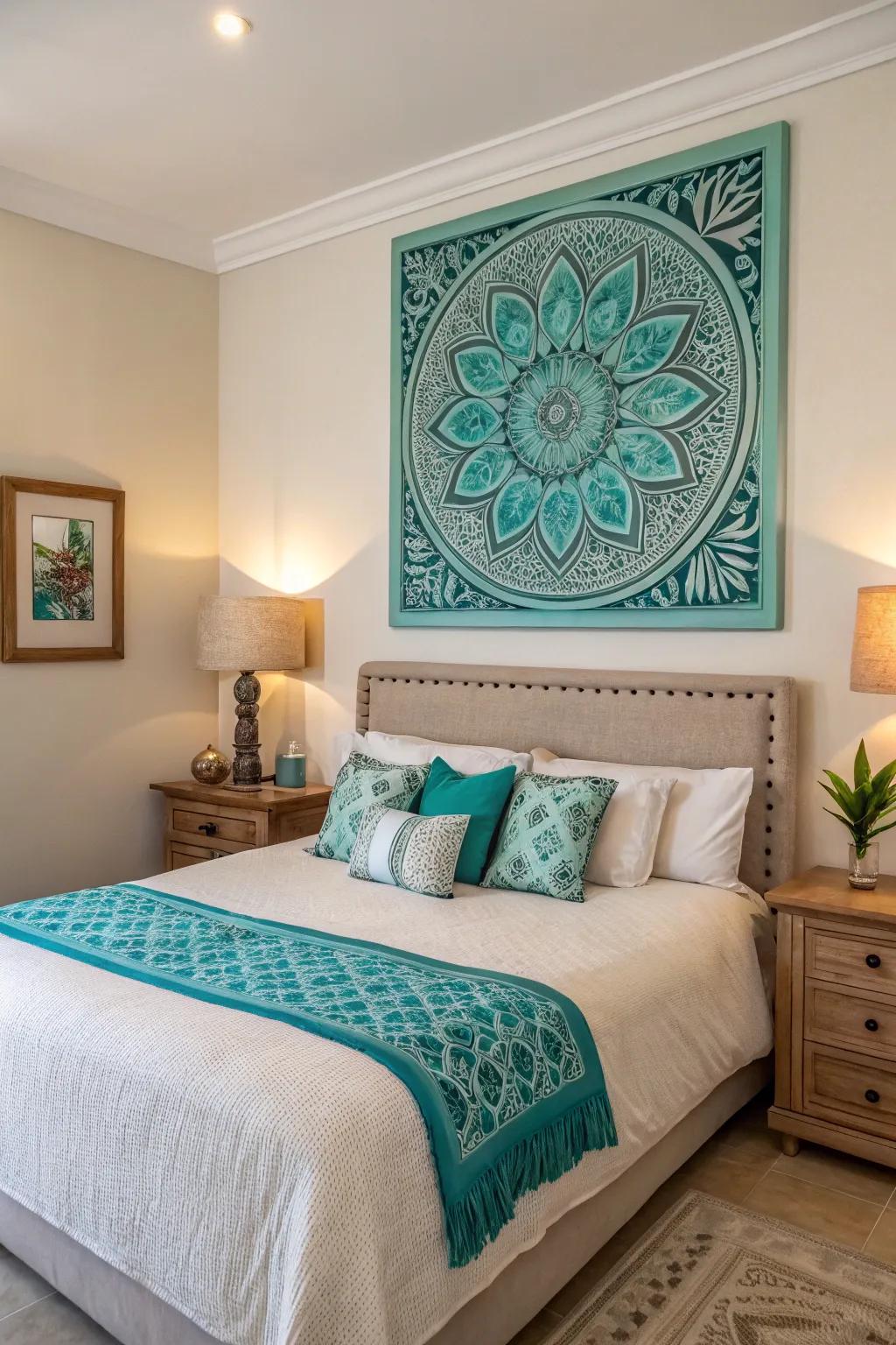 Turquoise artwork adds a unique touch.
