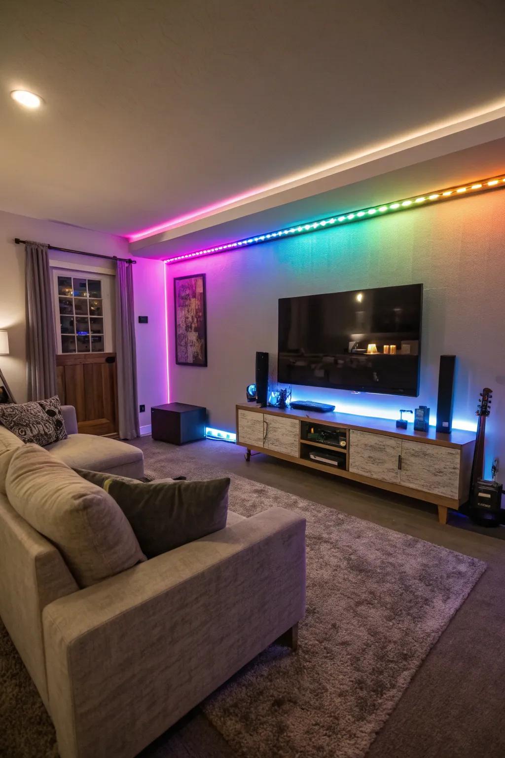 Dynamic LED light bars deliver a vibrant, modern touch to this TV accent wall.
