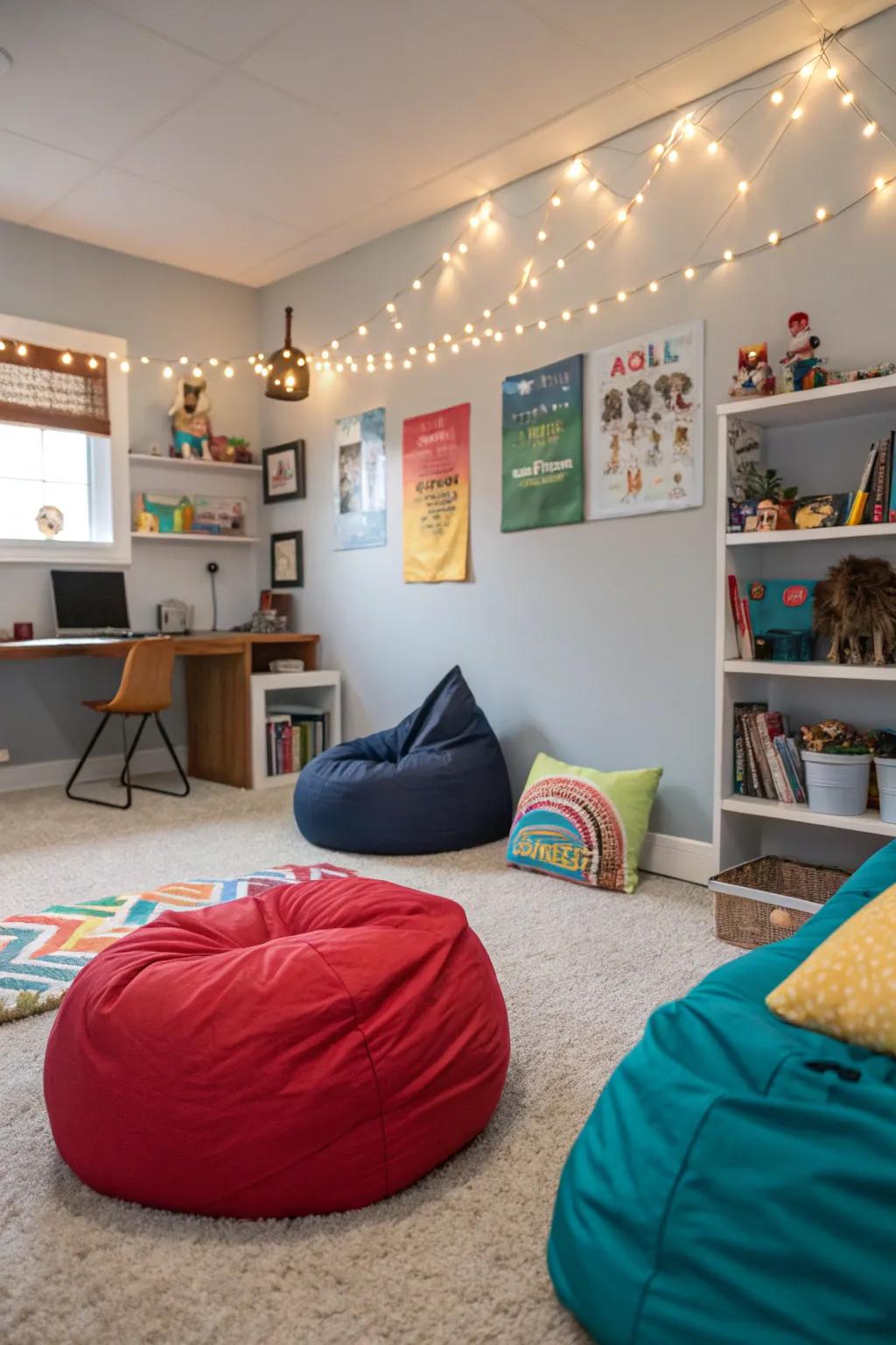 A relax zone featuring bean bags made for unwinding.