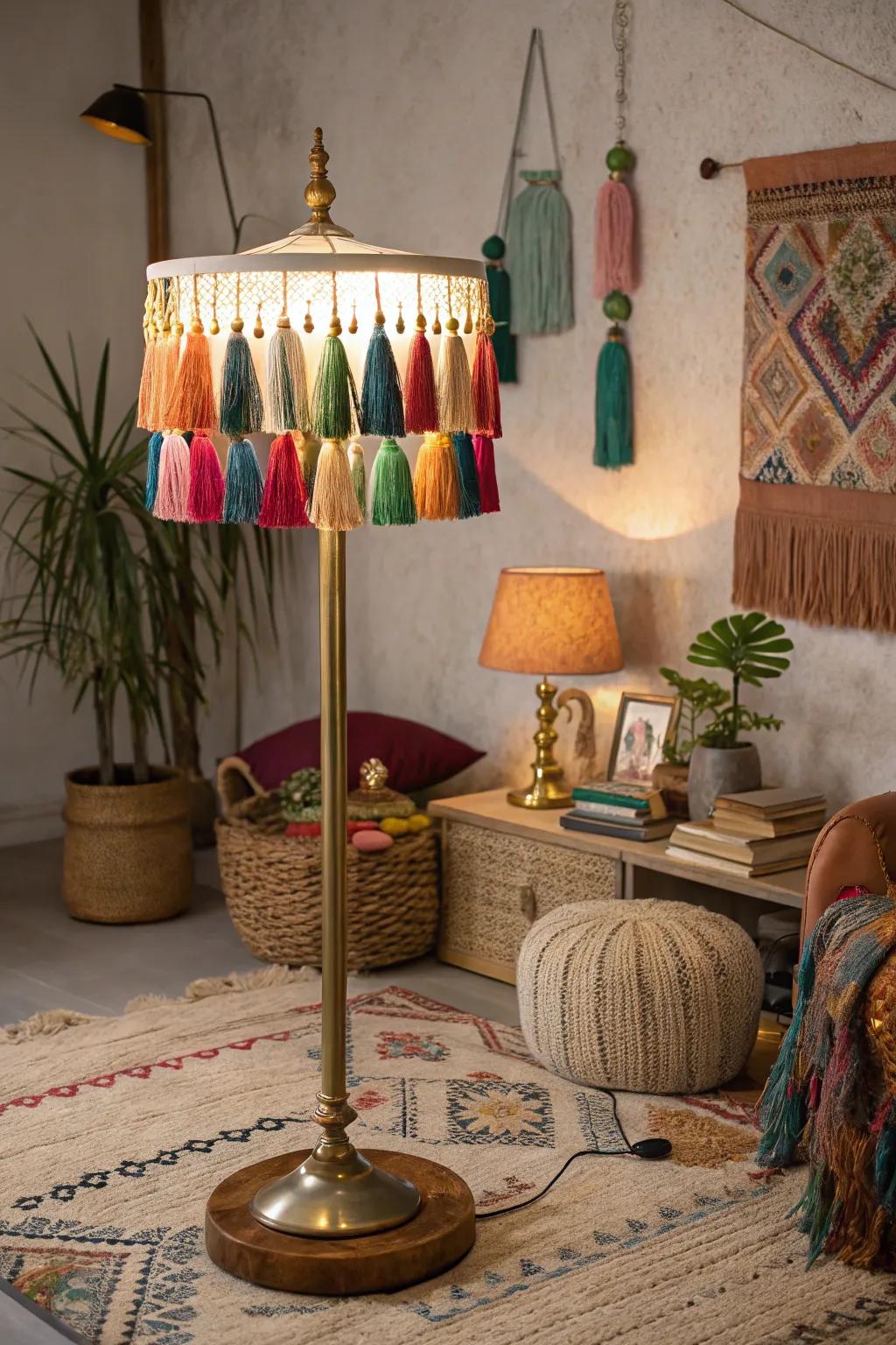 Bohemian vibes with a dangling string lamp.