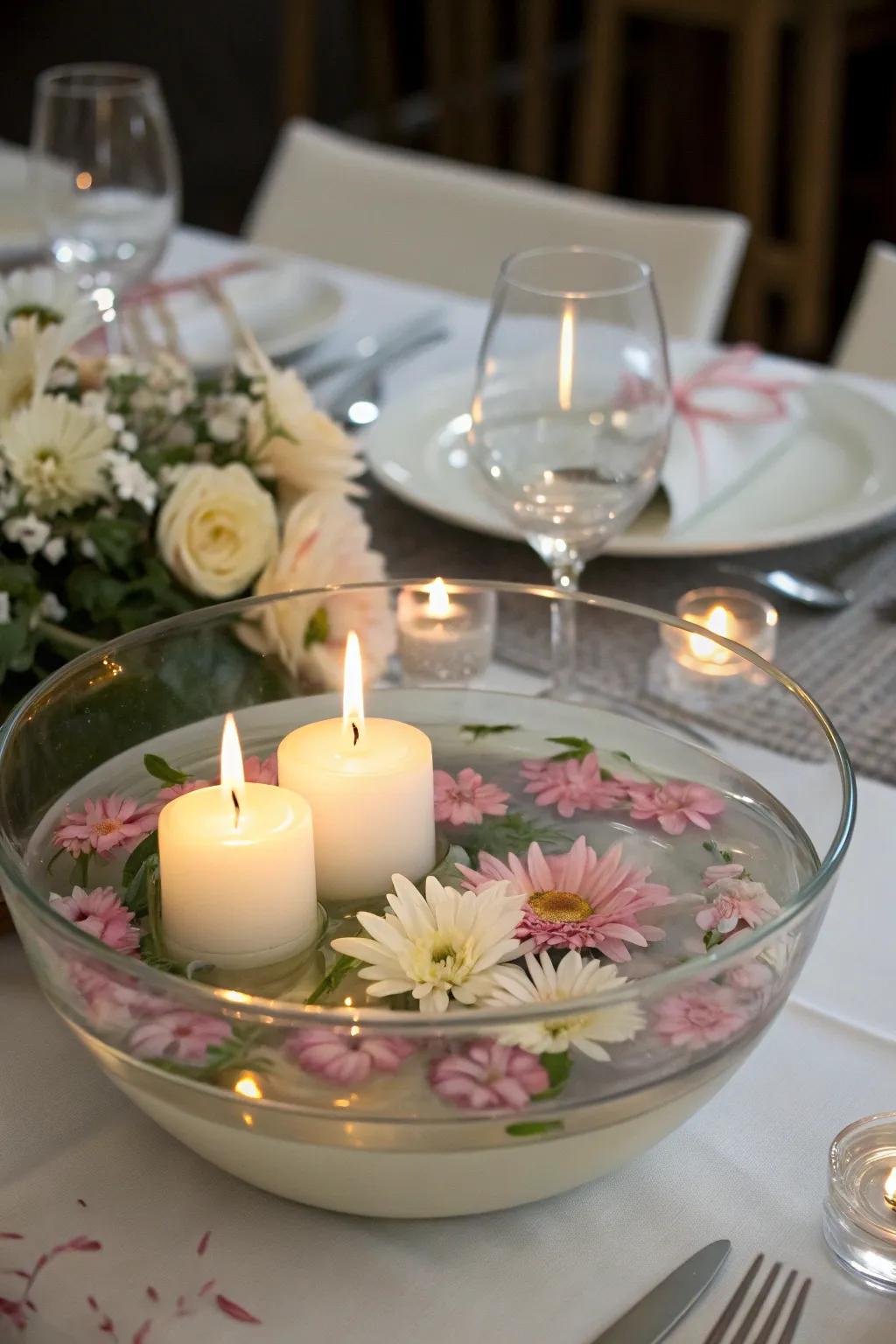 Drifting candles and flowers produce a peaceful atmosphere.
