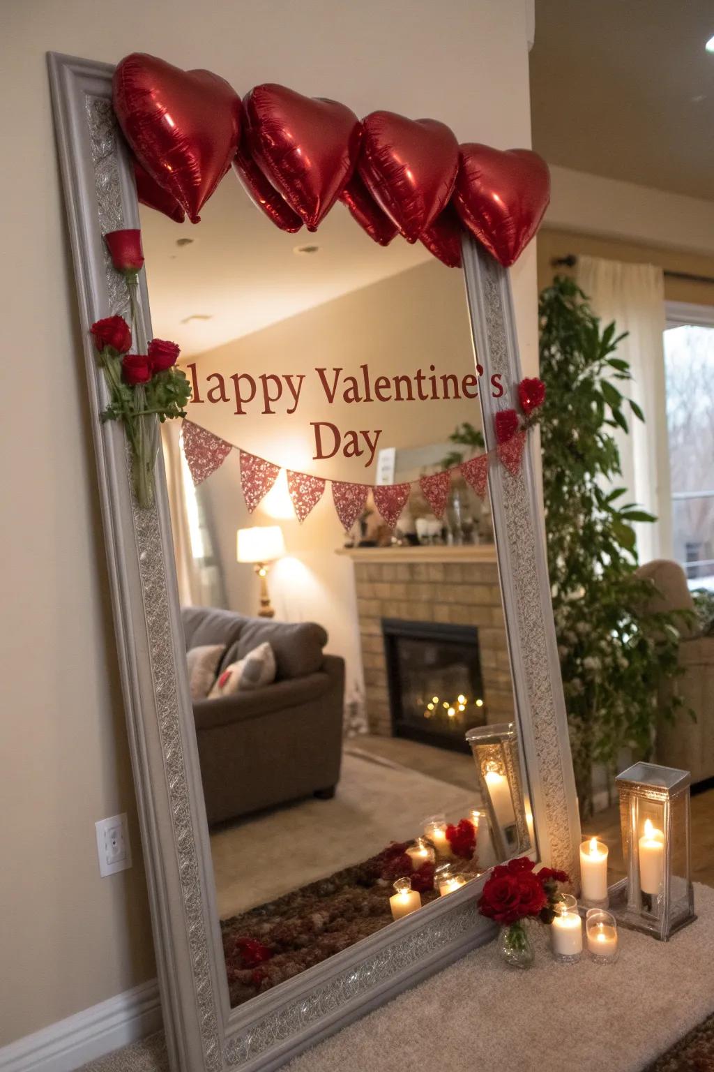Elegant reflectors brighten and expand the Valentine's mantel.