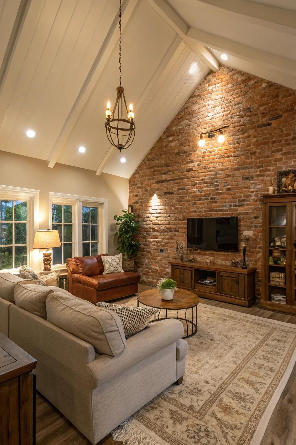 Living room with vaulted ceiling and exposed brick feature wall