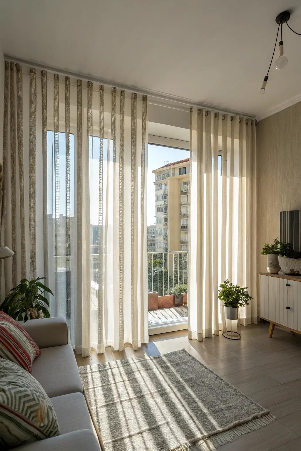 Striped window coverings offer ageless flair and height.